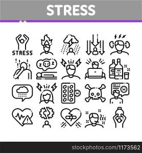 Stress And Depression Collection Icons Set Vector Thin Line. Anti Stress Pills And Alcoholic Drink Bottle, Angry Human And With Burning Head Concept Linear Pictograms. Monochrome Contour Illustrations. Stress And Depression Collection Icons Set Vector