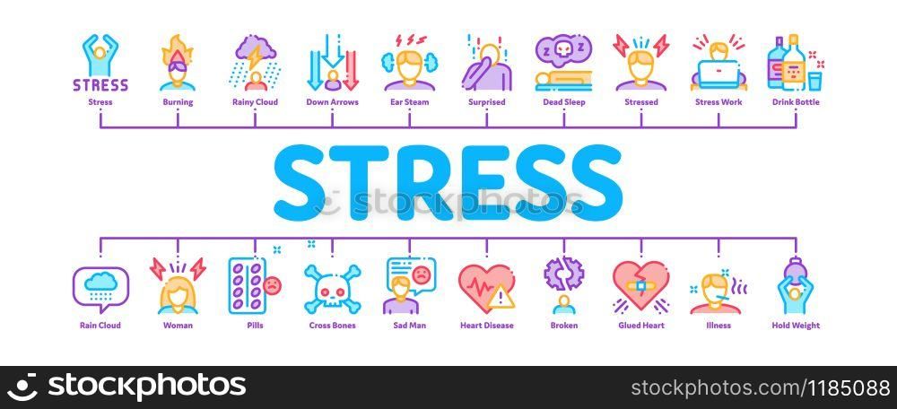 Stress And Depression Minimal Infographic Web Banner Vector. Anti Stress Pills And Alcoholic Drink Bottle, Angry Human And With Burning Head Concept Illustrations. Stress And Depression Minimal Infographic Banner Vector