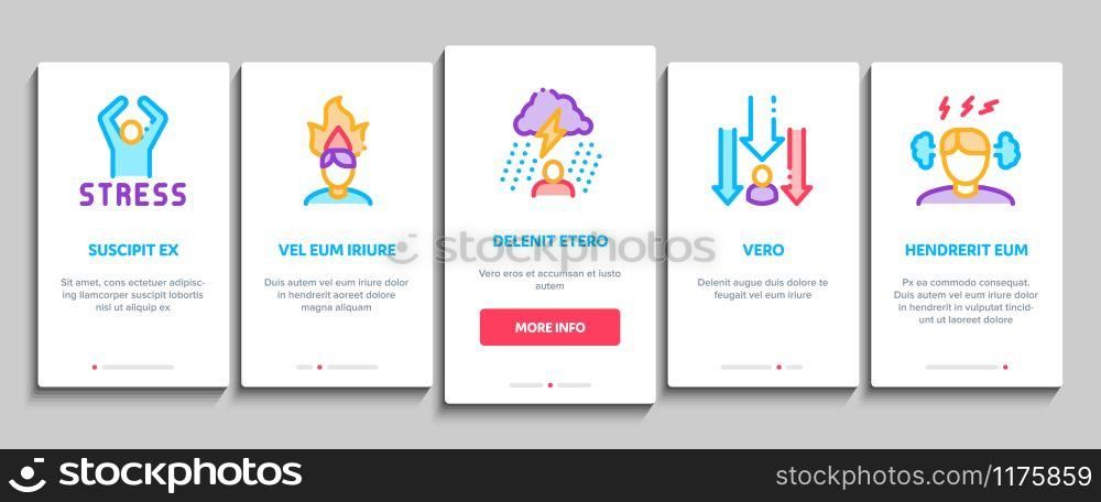 Stress And Depression Onboarding Mobile App Page Screen Vector. Anti Stress Pills And Alcoholic Drink Bottle, Angry Human And With Burning Head Concept Linear Pictograms. Color Contour Illustrations. Stress And Depression Onboarding Elements Icons Set Vector