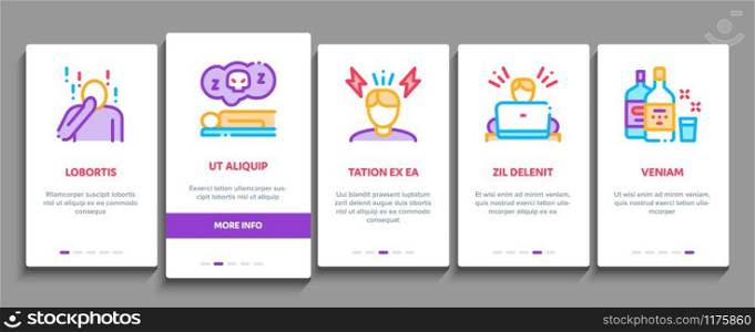 Stress And Depression Onboarding Mobile App Page Screen Vector. Anti Stress Pills And Alcoholic Drink Bottle, Angry Human And With Burning Head Concept Linear Pictograms. Color Contour Illustrations. Stress And Depression Onboarding Elements Icons Set Vector