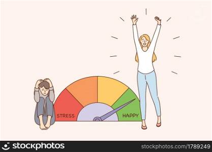 Stress and exhaustion overload concept. Stress levels reduced through concept of problem solving female character enjoying life and feeling totally tired vector illustration . Stress and exhaustion overload concept