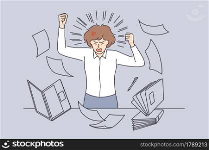 Stress and overwork at office concept. Young furious stressed business man feeling negative with deadlines heap of work in office exhausted vector illustration . Stress and overwork at office concept