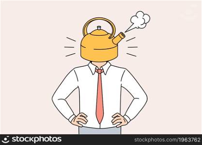 Stress and overwork exhaustion concept. Businessman body with boiling kettle instead of head meaning stress and rage vector illustration . Stress and overwork exhaustion concept.
