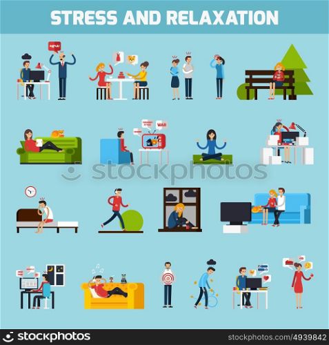 Stress And Relaxation Collection. Stress and relaxation collection with people in stressful situations ways of treatment and prevention isolated vector illustration