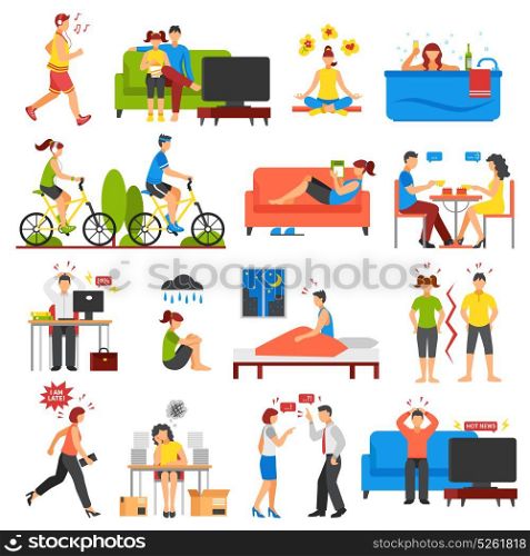 Stress And Relaxation Set. Isometric icons set of different ways of relaxation after stress and stressful working days isolated on white background vector illustration