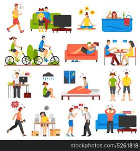 Stress And Relaxation Set. Isometric icons set of different ways of relaxation after stress and stressful working days isolated on white background vector illustration