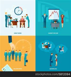 Stress at work design concept set with market decline frustration and depression flat icons isolated vector illustration. Flat Stress Set