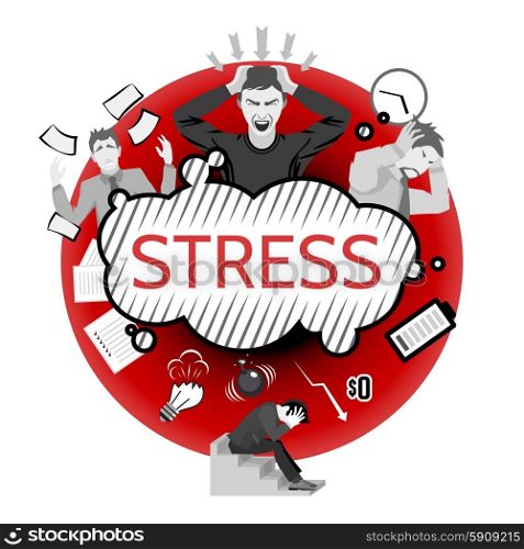 Stress concept with business failure symbols and depressed people flat vector illustration. Stress Concept Illustration