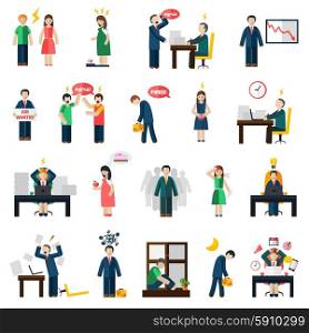Stress depression mental health icons set . Work and job loss related stress and depression symptoms mental health icons set abstract isolated vector illustration