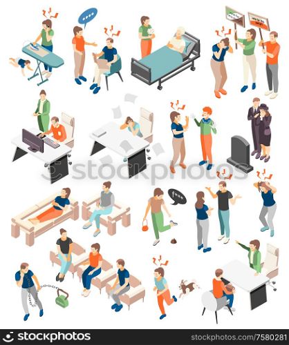 Stress depression symptoms causes treatment isometric icons set with internet addiction relationships loss death burnout vector illustration
