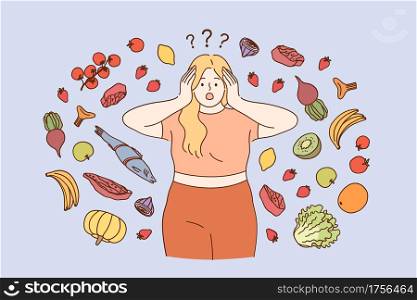 Stress, dieting, weight loss concept. Fat girl in fitness costume wanting to start diet and healthy eating but doubting about food variety and ingredients to buy vector illustration . Stress, dieting, weight loss concept