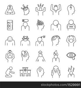 Stress emotion icons set. Outline set of stress emotion vector icons for web design isolated on white background. Stress emotion icons set, outline style