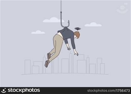 Stress, failure and personal weakness concept. Young man cartoon character hanging on fishing hook feeling depressed and having bad thoughts in mind vector illustration . Stress, failure and personal weakness concept