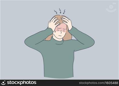 Stress, headache, depression concept. Unhappy depressed stressed young girl touching head with fingers, feeling headache, stress and exhaustion. Pain and grief illustration . Stress, headache, depression concept