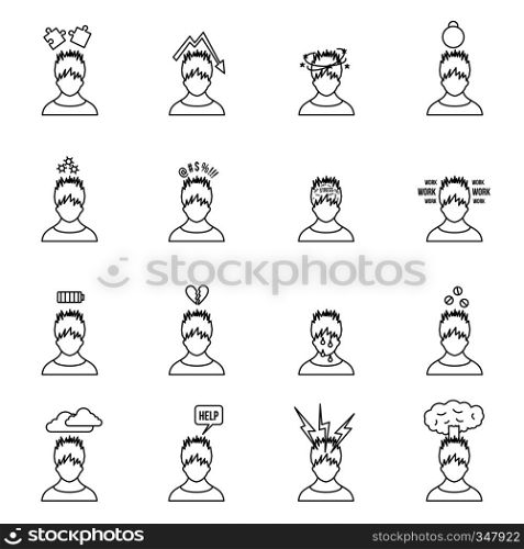 Stress icons in thin line style for any design. Stress on work set signs. Stress icons set in thin line style