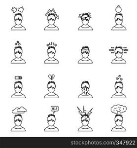 Stress icons in thin line style for any design. Stress on work set signs. Stress icons set in thin line style
