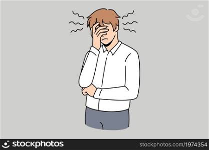 Stress irritation and feeling sleepy concept. Young man worker cartoon character standing touching covering face with hands feeling exhausted and sleepy vector illustration . Stress irritation and feeling sleepy concept