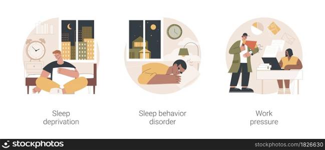 Stress management abstract concept vector illustration set. Sleep deprivation and behavior disorder, work pressure, insomnia, clinical diagnostic, mental health, chronic anxiety abstract metaphor.. Stress management abstract concept vector illustrations.