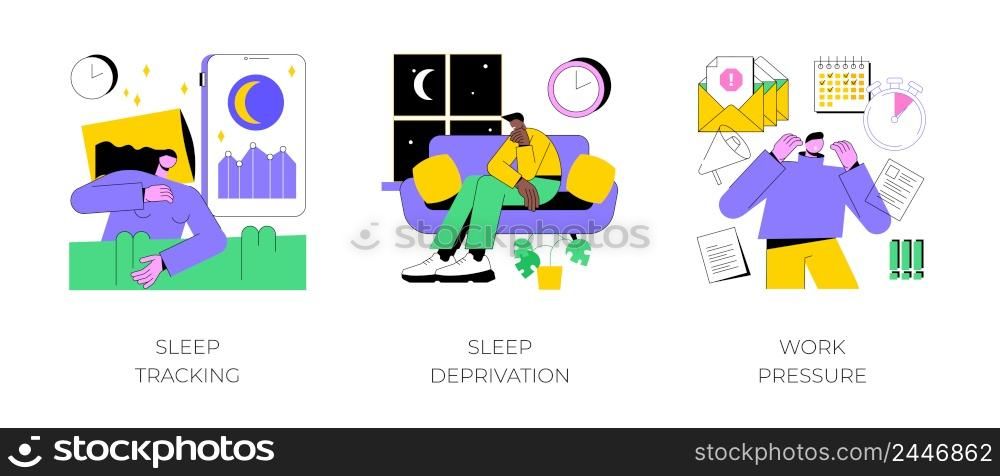 Stress management abstract concept vector illustration set. Sleep tracking and deprivation, work pressure, digital tracker, mental health, chronic anxiety, deadline pressure abstract metaphor.. Stress management abstract concept vector illustrations.