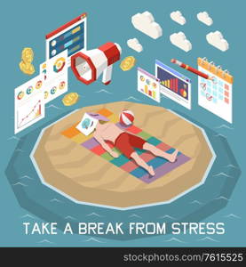 Stress management and relaxation concept with break from stress symbols isometric vector illustration