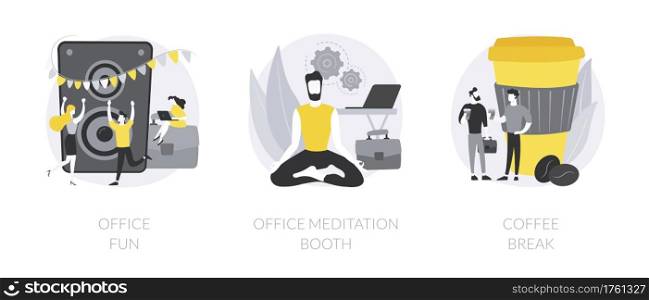 Stress management at work abstract concept vector illustration set. Office fun, meditation booth, coffee break, employee wellbeing, teambuilding activity, relax room, yoga break abstract metaphor.. Stress management at work abstract concept vector illustrations.