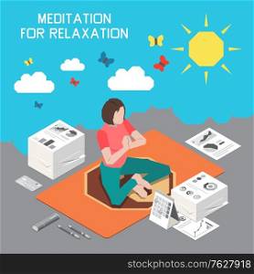 Stress management composition with yoga for relaxation symbols isometric vector illustration