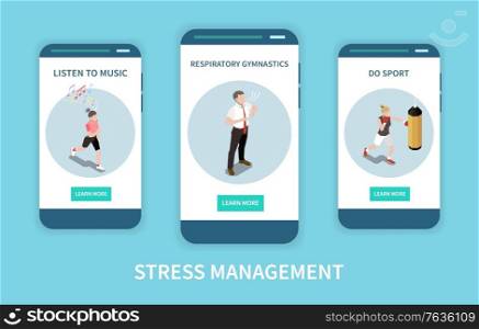 Stress management concept set with gymnastics symbols isometric isolated vector illustration