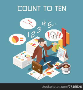 Stress management concept with count to ten strategy symbols isometric vector illustration