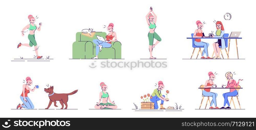 Stress management flat vector illustrations set. Woman sport, hobby, entertainment, healthcare. Active girl lifestyle isolated cartoon characters with outline elements on white background