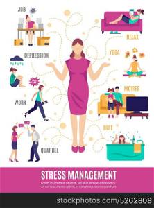 Stress Management Flowchart. Stress management flowchart including woman with tension factors and options of relaxation on white background vector illustration