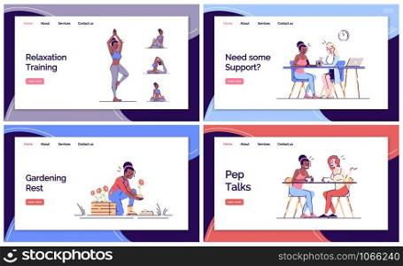 Stress management landing page vector template set. Active lifestyle website interface idea with flat illustrations. Mental health homepage layout. Destress web banner, webpage cartoon concept