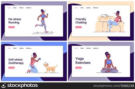 Stress management landing page vector template set. Mental health website interface idea with flat illustrations. Mental pressure cope homepage layout. Destress web banner, webpage cartoon concept
