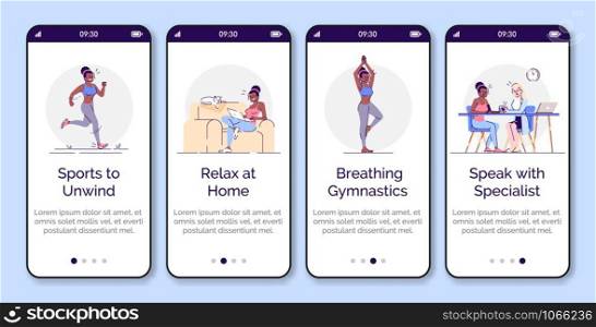 Stress management onboarding mobile app screen vector template. Mental health. Walkthrough website steps with flat characters. UX, UI, GUI smartphone cartoon interface concept