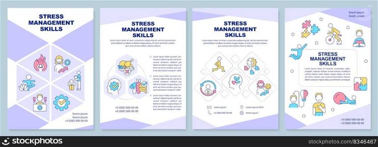 Stress management skills purple brochure template. Healthcare. Leaflet design with linear icons. Editable 4 vector layouts for presentation, annual reports. Arial-Black, Myriad Pro-Regular fonts used. Stress management skills purple brochure template