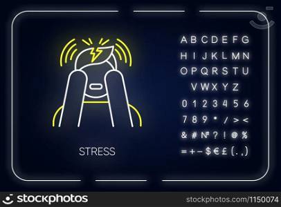 Stress neon light icon. Anxiety and panic attack. Emotional problem. Distress. Migraine and headache. Mental disorder. Glowing sign with alphabet, numbers and symbols. Vector isolated illustration