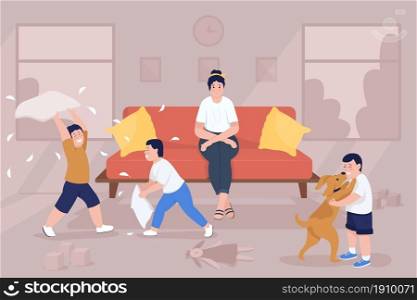 Stress of parenting flat color vector illustration. Children playing in living room. Anxious mom on couch. Overwhelmed mother with loud kids 2D cartoon characters with household interior on background. Stress of parenting flat color vector illustration