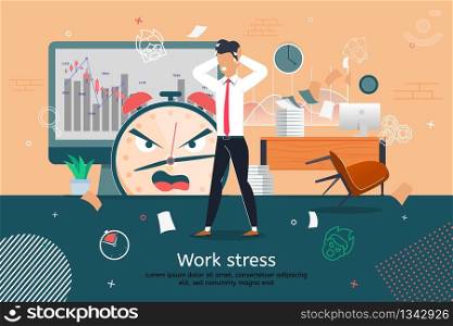 Stress on Business Work Trendy Flat Vector Banner, Poster Template. Worried Businessman, Company Employee, Male Office Worker Feeling Stress Because Deadline Failure, Paperwork Mistakes Illustration