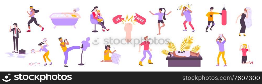Stress relax psychological relaxation set of flat icons and isolated images of people coping with stress vector illustration