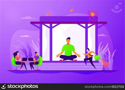 Stress relief, stress management. Friendly, peaceful work environment. Office meditation room, meditation pod, office relaxing place concept. Vector isolated concept creative illustration. Office meditation booth concept vector illustration