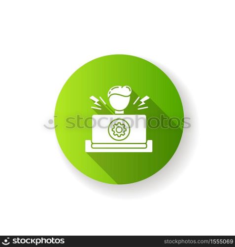 Stress testing green flat design long shadow glyph icon. Programmer does coding. Computer development. Repairman fix technological issue. Technician work. Silhouette RGB color illustration. Stress testing green flat design long shadow glyph icon