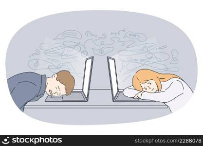 Stress Tiredness and exhaustion concept. Young tired business woman and man workers lying on their laptops in office feeling sleepy and tired at work vector illustration . Stress Tiredness and exhaustion concept