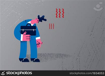 Stress, tiredness and overwork concept. Young tired Businessman cartoon character standing with head down feeling totally exhausted stressed vector illustration . Stress, tiredness and overwork concept.