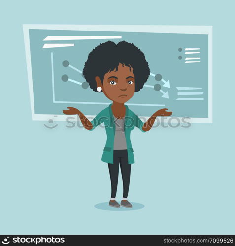 Stressed african insolvent standing on the background of decreasing chart. Young depressed insolvent with spread arms. Concept of business insolvency. Vector cartoon illustration. Square layout.. Stressed insolvent standing with spread arms.