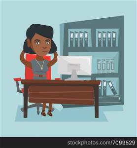 Stressed african office worker clasping her head. Overworked office worker feeling stress from work. Young stressful office worker sitting at workplace. Vector cartoon illustration. Square layout.. Tired african-american office worker clasping head