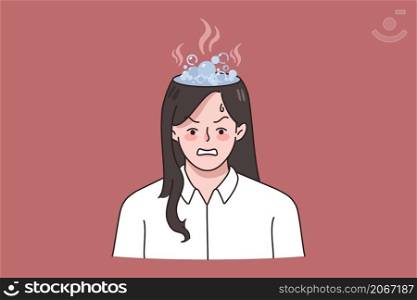 Stressed angry businesswoman with burning head brain overwhelmed with work schedule or deadline. Unhappy woman have mental breakdown or burnout. Psychological trauma. Vector illustration. . Stressed businesswoman with burning head suffer from burnout
