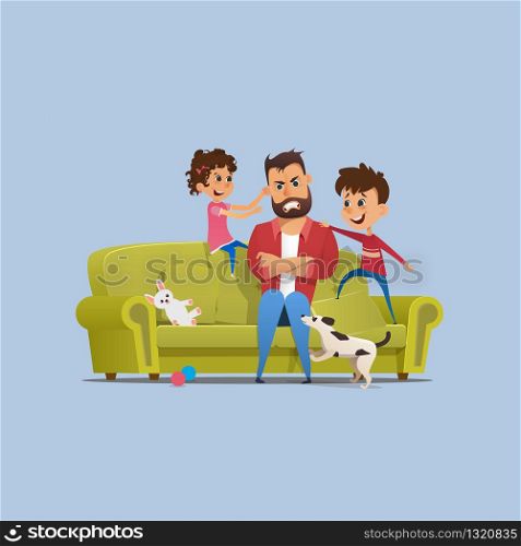 Stressed Annoyed Father Naughty Children on Sofa. Tired Stressed Man with Clenched Teeth Sitting. Naughty Kid Character Playing around and Making Mess at Home. Cartoon Vector Illustration. Stressed Annoyed Father Naughty Children on Sofa