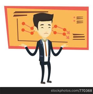 Stressed asian bankrupt standing on the background of decreasing chart. Bankrupt businessman with spread arms. Business bankruptcy concept. Vector flat design illustration isolated on white background. Bankrupt business man vector illustration.
