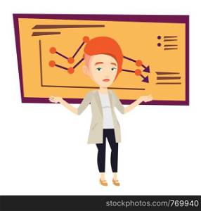 Stressed bankrupt standing on the background of decreasing chart. Bankrupt business woman with spread arms. Business bankruptcy concept. Vector flat design illustration isolated on white background.. Bankrupt business woman vector illustration.