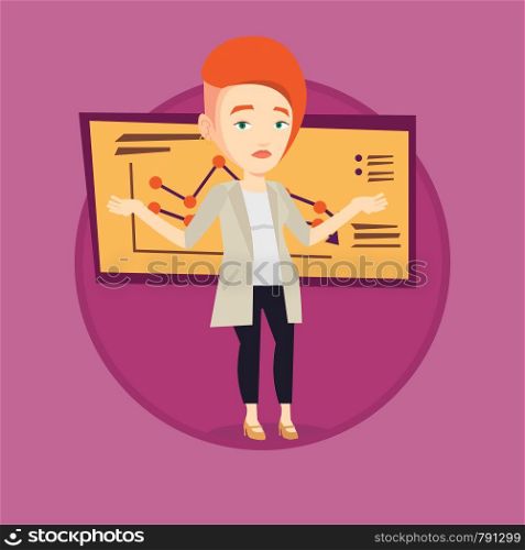 Stressed bankrupt standing on the background of decreasing chart. Caucasian bankrupt with spread arms. Business bankruptcy concept. Vector flat design illustration in the circle isolated on background. Bankrupt business woman vector illustration.