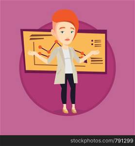 Stressed bankrupt standing on the background of decreasing chart. Caucasian bankrupt with spread arms. Business bankruptcy concept. Vector flat design illustration in the circle isolated on background. Bankrupt business woman vector illustration.